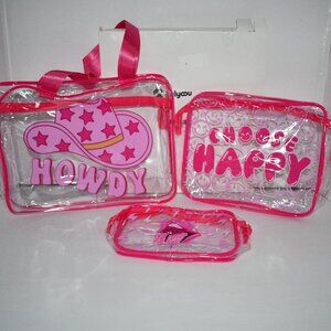 Bulyoou 3 Pcs Pink Preppy Clear Makeup Bags - Waterproof PVC Travel Organizer wi